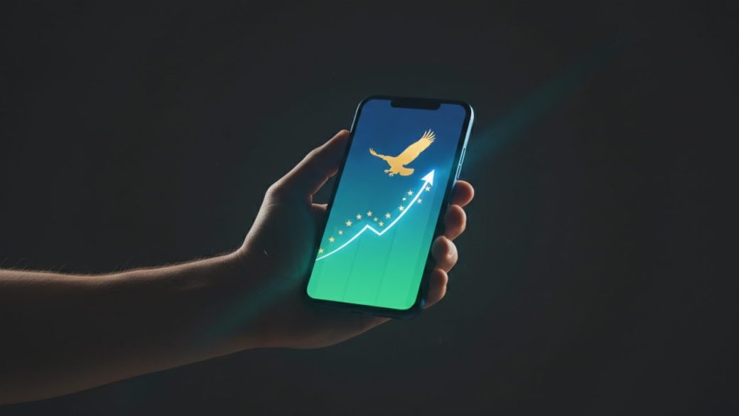 A single glowing smartphone displaying a rising US stock chart, held against a dark uncluttered background with dramatic high-contrast lighting, no text or logos