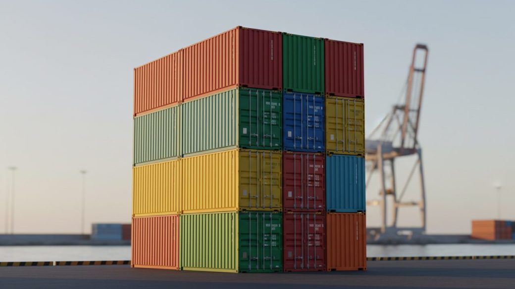 A single shipping container at a busy Indian port under dramatic golden light, clean uncluttered background, high-contrast clickable composition, no text
