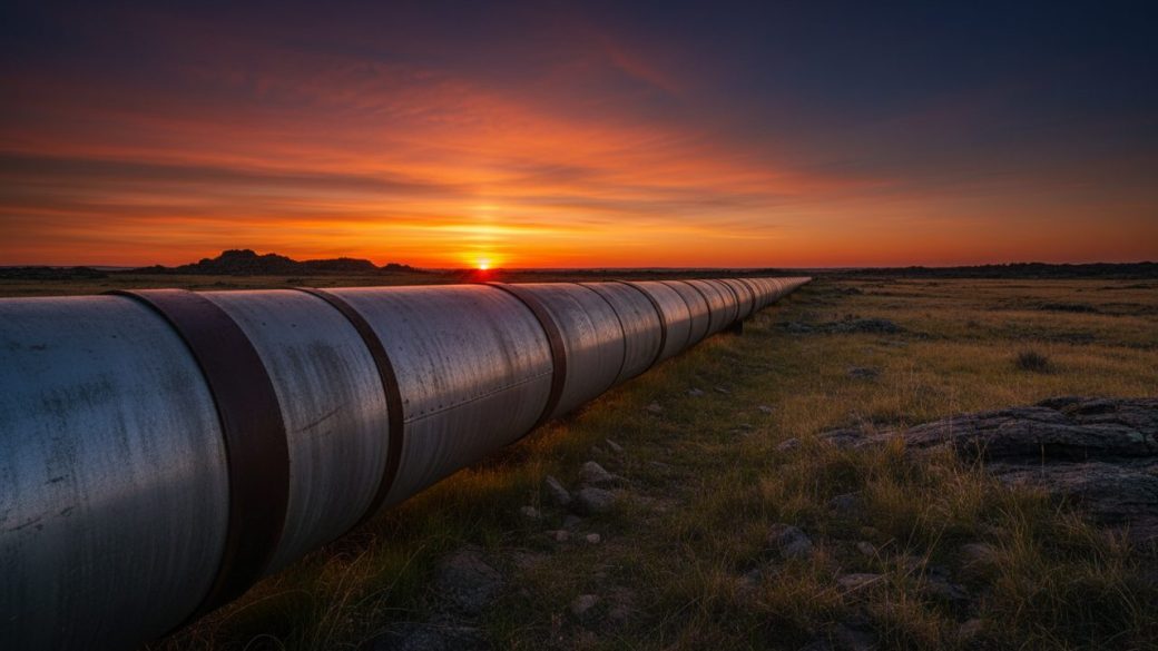 A single massive steel pipeline stretching into the distance under dramatic golden sunset light, one clear focal subject, clean uncluttered landscape background, photorealistic high-contrast composition, no text or watermark