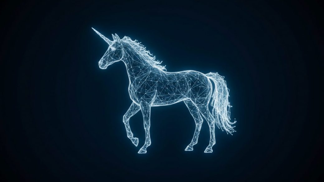 A single glowing white unicorn silhouette made of connected data points and circuit lines, standing against a deep dark blue background, one dramatic rim light, high-contrast clean composition, no text or watermark