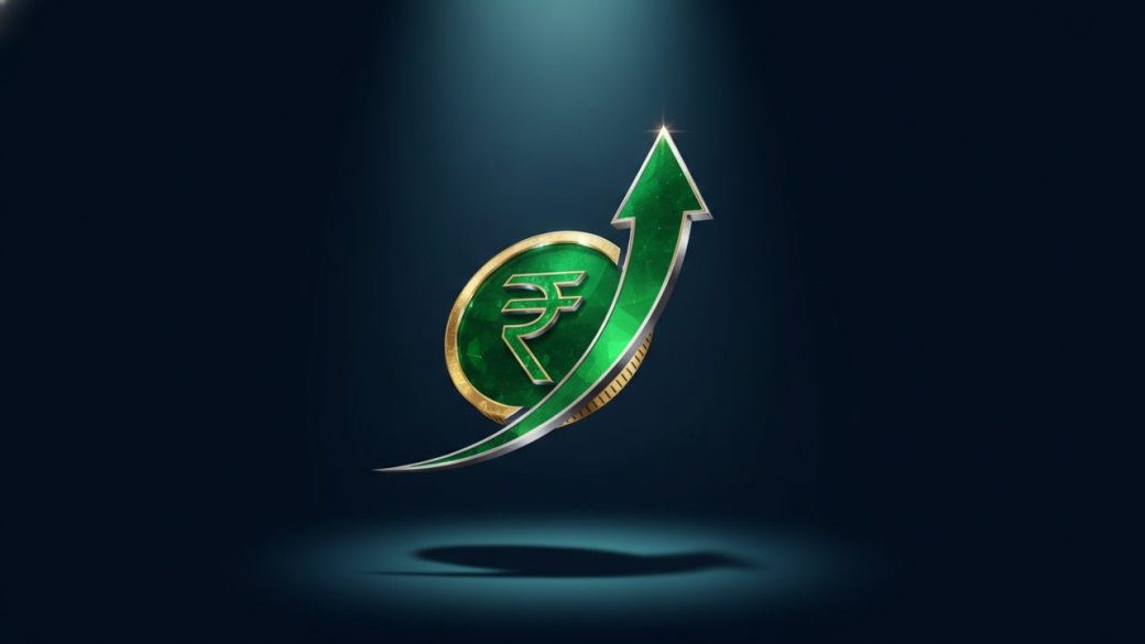 A single glowing rupee-coin growth arrow rising over a clean dark blue background, dramatic spotlight, high-contrast finance theme symbolising a corporate investment, no text or watermark