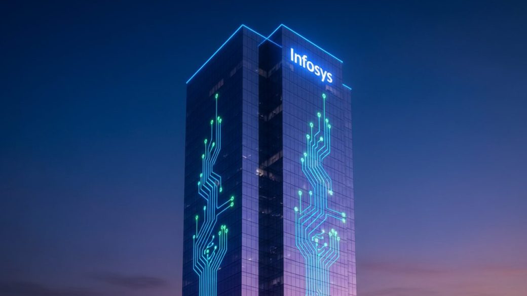 Infosys corporate logo on a glass office tower at dusk, glowing AI circuit lines rising from the building, dramatic high-contrast lighting, clean sky background, no text