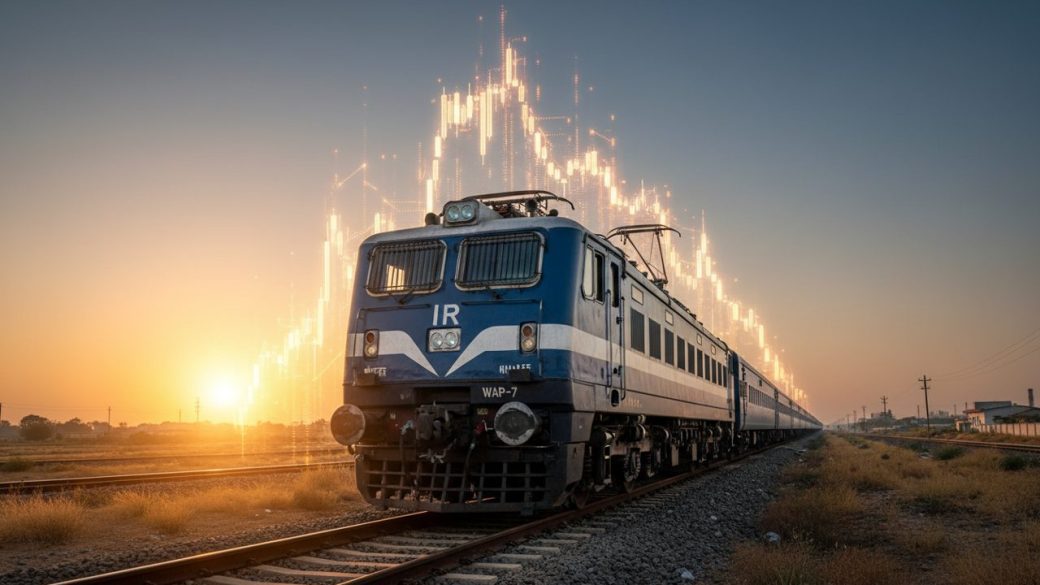 A single Indian Railways locomotive in sharp focus on a track at golden hour, a stylized stock-ticker glow rising behind it, clean uncluttered sky, dramatic high-contrast lighting, no text or watermark.