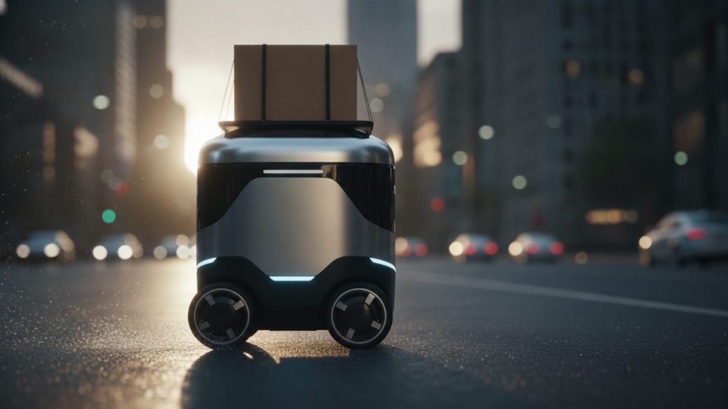 A sleek autonomous delivery robot carrying a parcel on a clean city street, dramatic side lighting, blurred background, high-contrast cinematic composition, no text