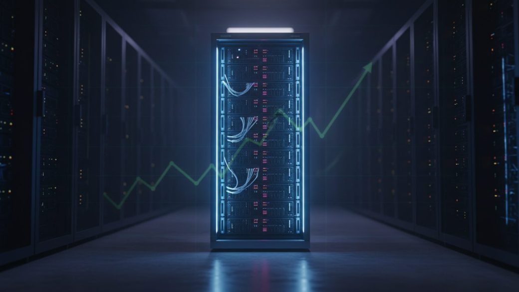 A glowing AI server rack inside a vast data centre, with a faint rising price-chart line behind it, photorealistic news thumbnail on a clean dark background.