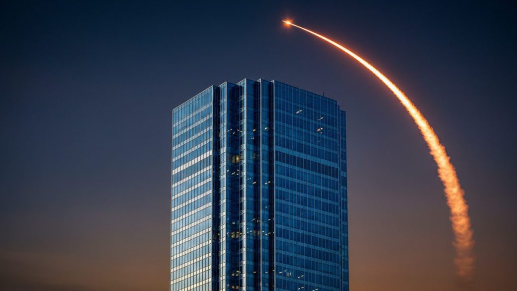 A towering glass telecom headquarters at dusk with a single rising rocket-trail light streak in the sky behind it.