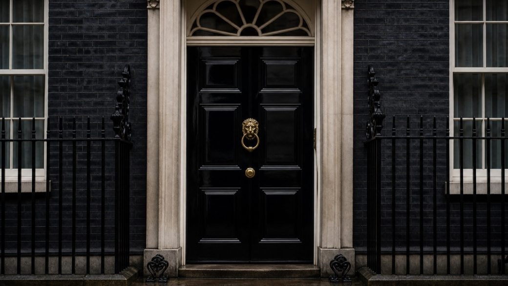 Glossy black No. 10 Downing Street style front door with brass knocker on a dark Georgian facade, empty doorstep in overcast London light