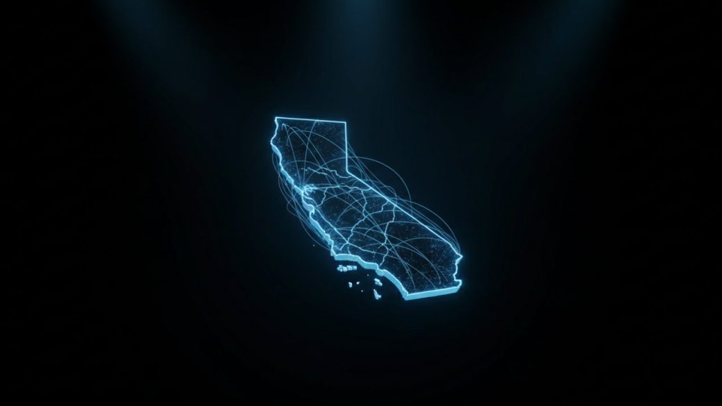 A single glowing 3D map of a coastal state floating on a dark background, soft blue data lines, dramatic lighting, high contrast, clean uncluttered backdrop, photorealistic, no text