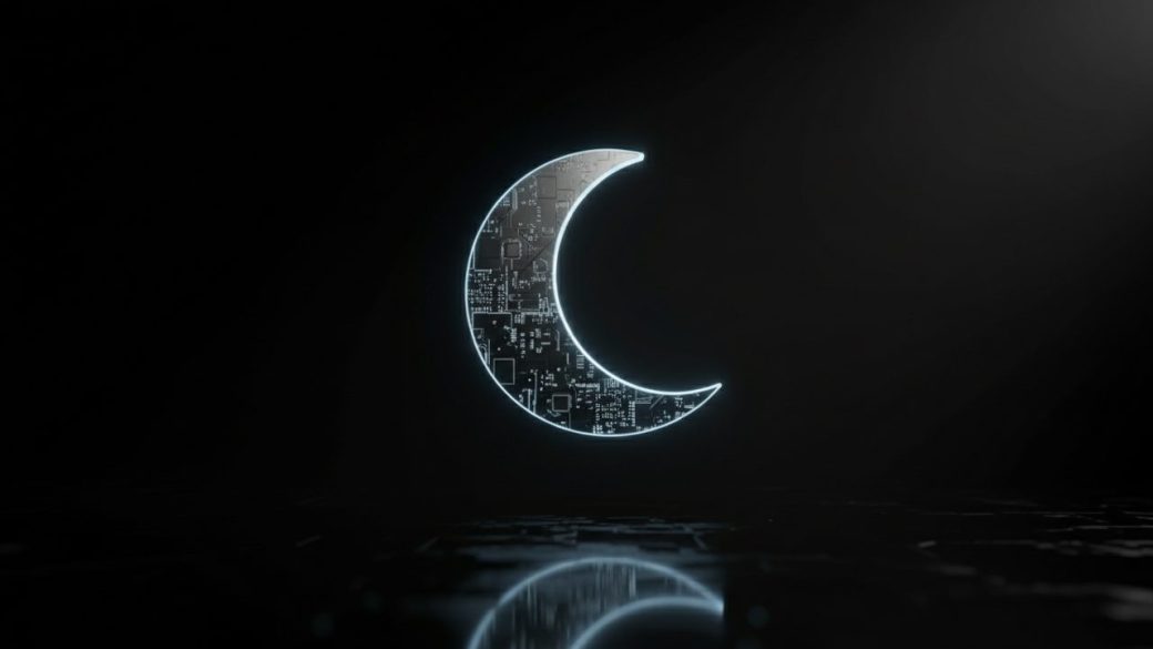 A glowing silver crescent moon-shaped AI chip floating above a dark surface, dramatic single-source rim lighting, deep shadows, high contrast, clean uncluttered background, no text or logos