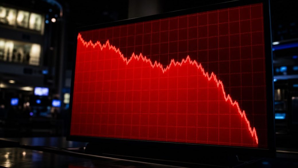 A single large stock-market display screen glowing red with a sharp falling line, dark trading-floor background, dramatic high-contrast lighting, no text or numbers readable