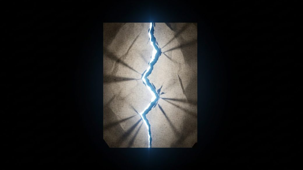 A single torn paper report with a glowing crack running through it, dramatic high-contrast lighting, clean dark background, no text or logos
