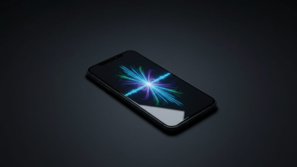 A single sleek smartphone glowing with a soundwave on its screen against a clean dark background, dramatic high-contrast lighting, photorealistic, no text