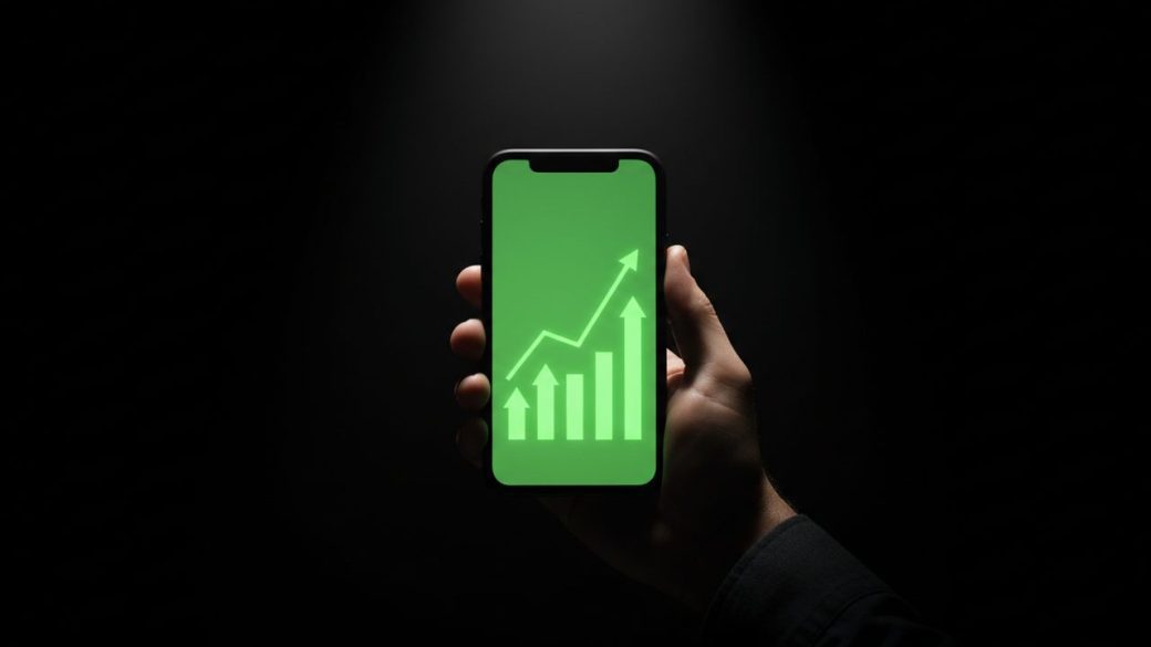 A single glowing smartphone displaying a rising stock chart in green, held up against a dark uncluttered background with dramatic spotlight, photorealistic high-contrast composition, no text or watermark