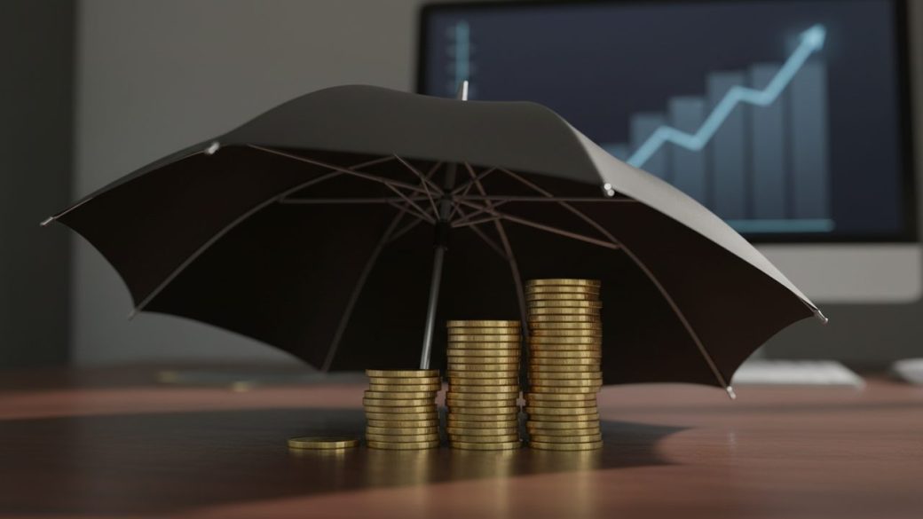 A single open umbrella sheltering a neat stack of Indian rupee coins on a desk, with a small rising line chart faintly visible in the background, soft daylight