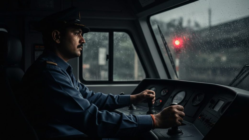 A single focused Indian loco pilot in uniform inside a train driver's cab gripping the controls, looking ahead at a red signal light through the windscreen, dramatic moody lighting, clean background, photorealistic, high contrast, no text