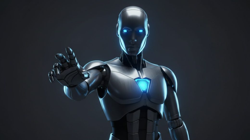 A single sleek humanoid robot with a glowing blue chest core reaching out one hand, clean dark studio background, dramatic rim lighting on the metal body, one sharp focal subject, no text or watermark, high-contrast clickable composition