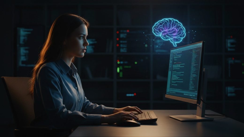 A single focused software engineer at a glowing workstation, a soft holographic AI brain icon hovering above the screen, clean dark uncluttered office background, dramatic rim lighting, high-contrast, no text or watermark.