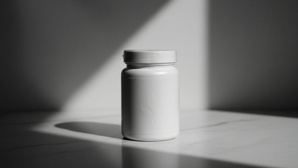 A single bottle of hair and skin health supplement capsules standing on a clean white surface under dramatic high-contrast lighting, glossy capsules spilling slightly, uncluttered background, photorealistic, no text or watermark