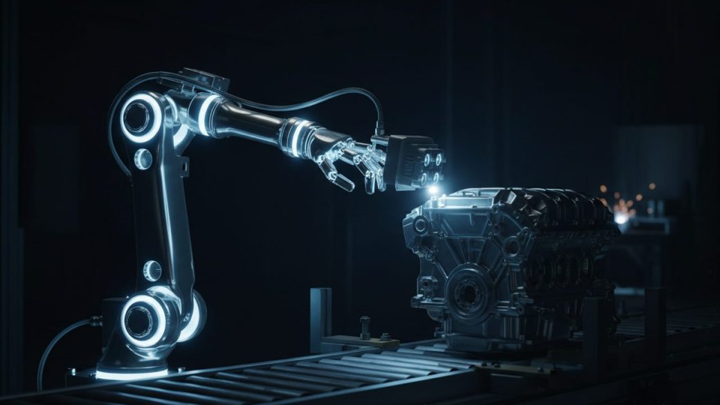 A single glowing robotic arm inspecting a car part on a moving factory line, dramatic side lighting, dark uncluttered background, high contrast, photorealistic