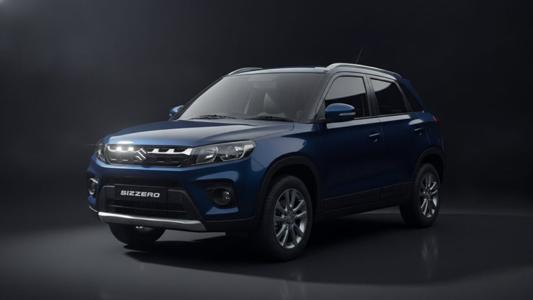 A single new Maruti Brezza compact SUV in three-quarter front view under dramatic studio lighting, glossy paint, one clear focal vehicle on a clean dark seamless background, high-contrast photorealistic shot, no text or watermark