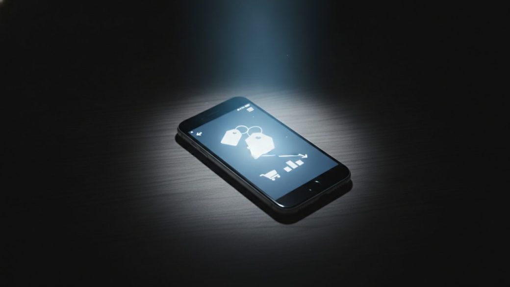 A single smartphone displaying a value shopping app glowing on a dark uncluttered desk, dramatic high-contrast spotlight, no text or logos