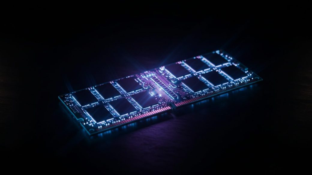 A single memory chip module glowing on a dark surface with light streaming through its circuits, dramatic high-contrast lighting, clean uncluttered background, no text