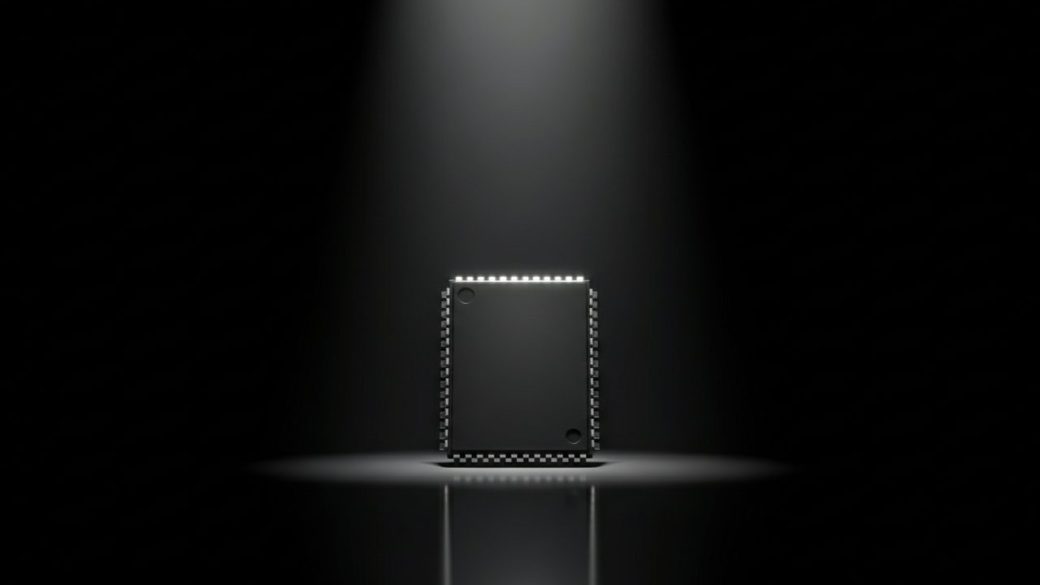 A single glossy memory chip standing upright on a dark reflective surface under a bright dramatic spotlight, clean uncluttered background, high contrast