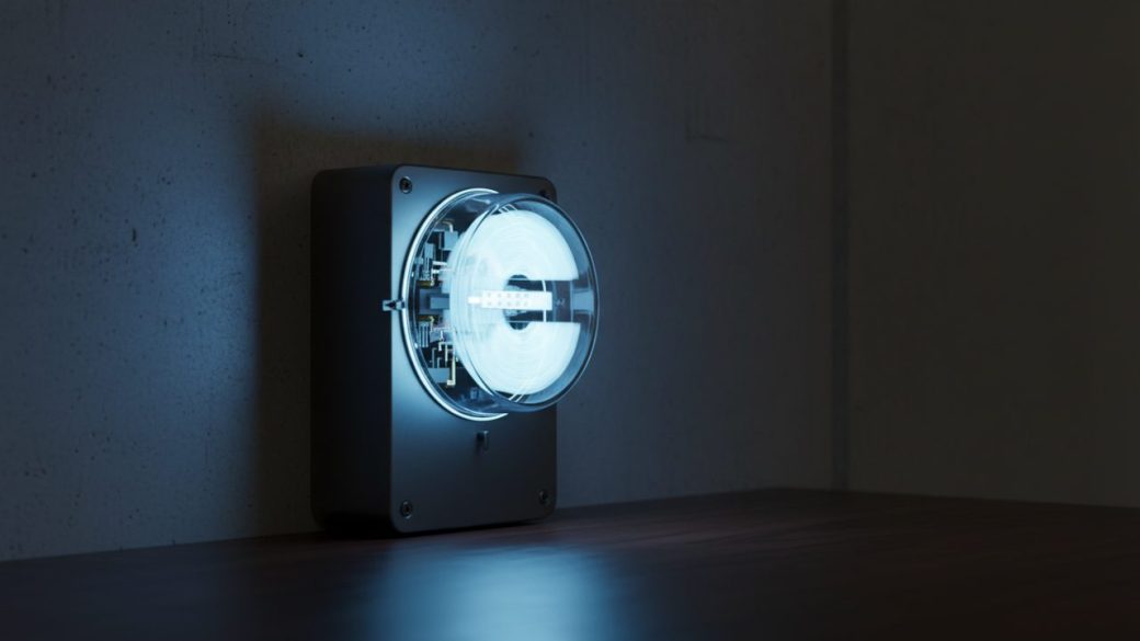 A glowing digital electricity meter on a dark desk, its dial spinning fast, lit by dramatic high-contrast lighting against a clean uncluttered background, symbolizing metered AI usage costs, no text or logos