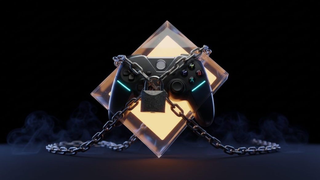 A single game controller locked inside a glowing transparent price tag chained shut, dramatic high-contrast lighting, clean dark background, no text