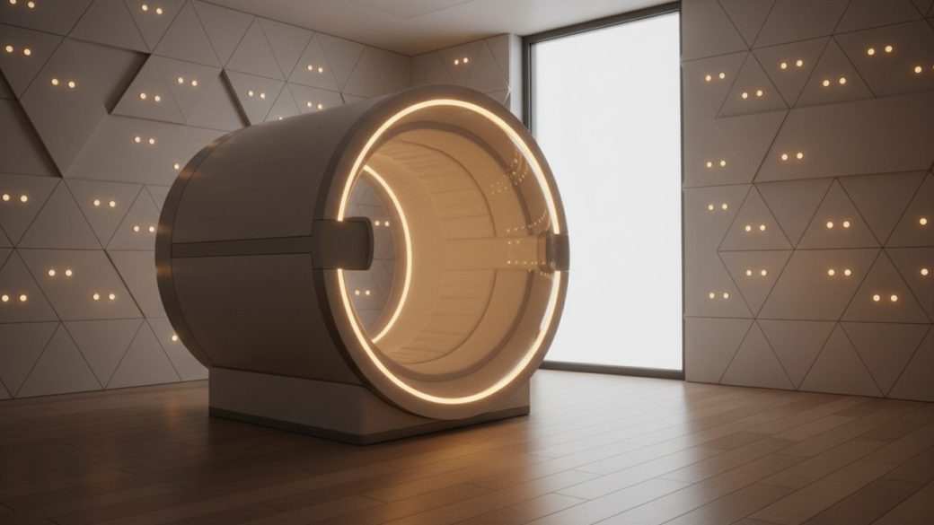 A person stepping through a tall water-filled ultrasound scanning chamber glowing with soft golden light, sensors lining the walls, in a calm modern wellness room