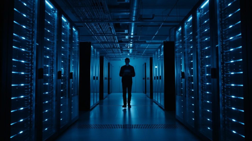 A modern European AI data center hall with rows of glowing server racks, a single engineer in silhouette walking the central aisle under blue cooling light