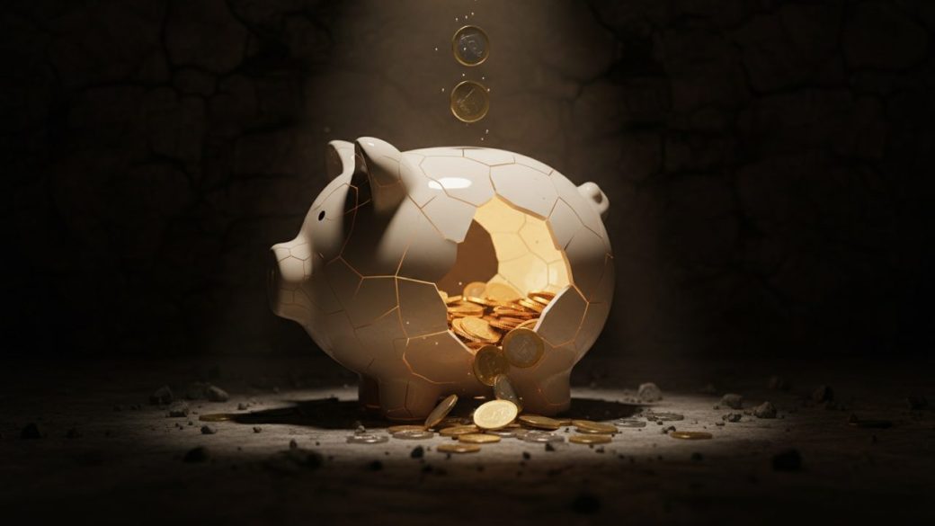 A single cracked piggy bank glowing under dramatic spotlight against a dark background, coins frozen mid-spill, high-contrast symbolic image of P2P lending risk