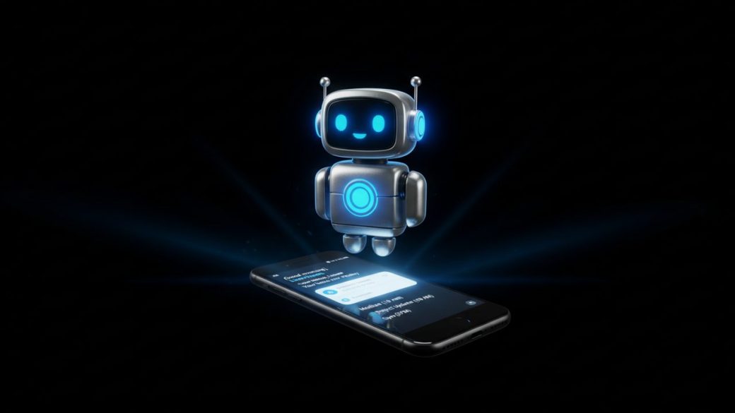 A single glowing AI robot assistant icon hovering over a smartphone showing a personalized notification, dramatic blue rim lighting, clean dark uncluttered background, high-contrast photorealistic product shot, no text or watermark.