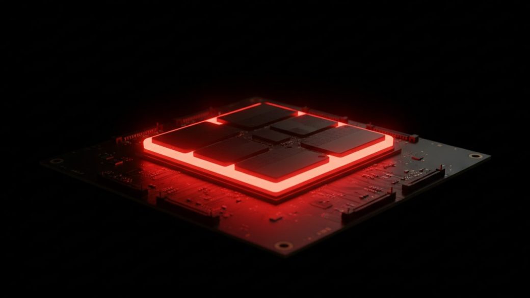 A glowing AMD MI300X AI accelerator chip on a dark circuit board, dramatic red rim lighting, single focal subject, clean uncluttered background, high-contrast composition, no text