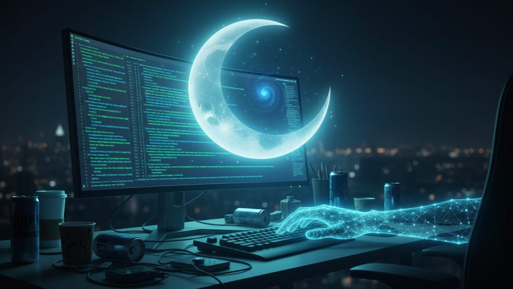 A developer's desk at night with code glowing on a monitor and a stylized lunar crescent rising behind the screen, suggesting an AI coding assistant working autonomously