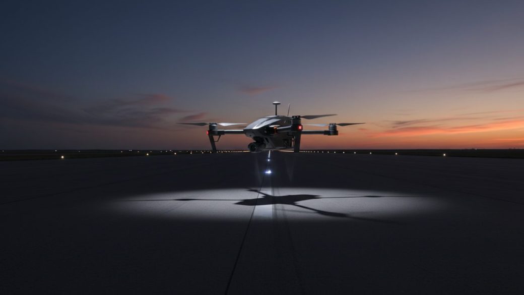 A single sleek autonomous attack drone hovering low over a military airfield runway at dusk with a parked fighter jet silhouette in the background, dramatic cinematic lighting, clean sky, photorealistic, high contrast, no text