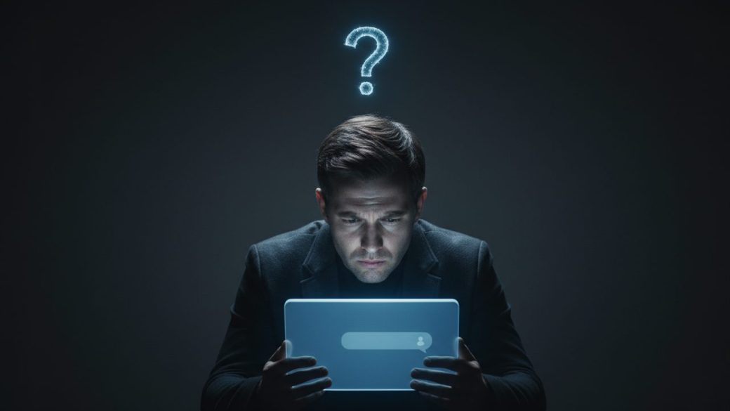 A single person reading a glowing chatbot screen with a faint question mark of doubt above, dramatic high-contrast lighting, clean dark background, no text