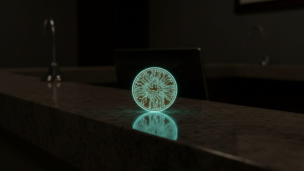 A single glowing digital coin resting on a polished bank counter, dramatic side lighting, deep shadows, clean dark background, high contrast, no text