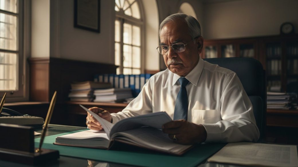 A senior Indian government office clerk in formal attire reviewing a pension document at a tidy desk in a sunlit public sector office, calm and focused