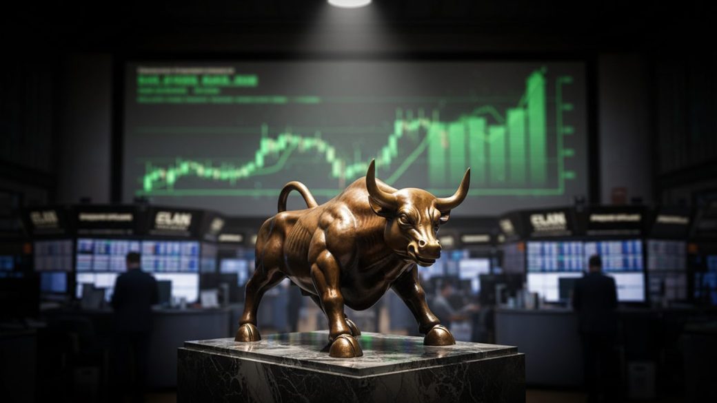 A single bronze bull statue on a stock-exchange trading floor with a glowing green upward stock chart in the soft-blurred background, dramatic spotlight, high-contrast photorealistic composition, no text or watermark.