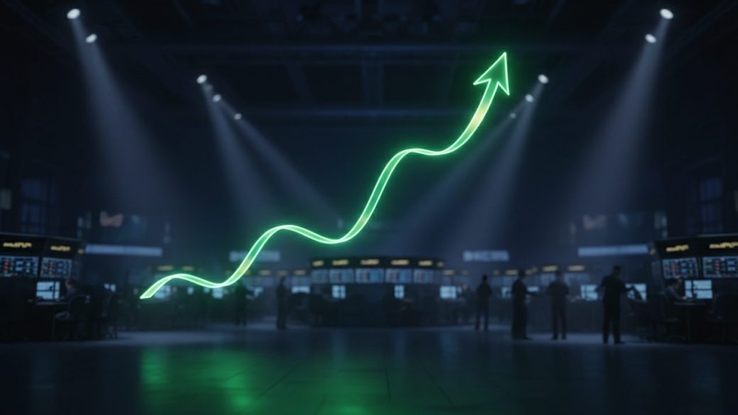 A rising green stock-chart line glowing like a ribbon over a dark trading-floor backdrop under dramatic light.