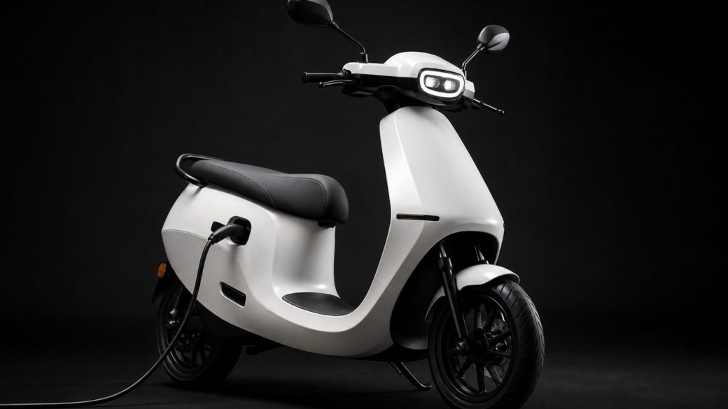 A single white Ola Electric scooter parked under dramatic side lighting against a clean dark studio background, charging cable plugged in, high-contrast clickable composition, no text