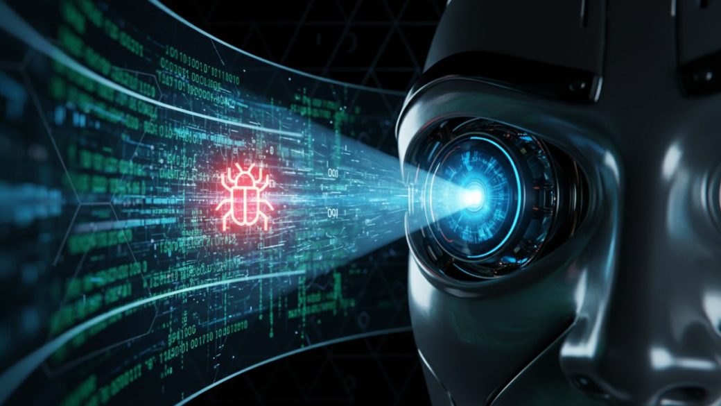 A glowing AI robot eye scanning streams of code as it locks onto a single red bug, clean dark background, single focal subject, photorealistic, no text.
