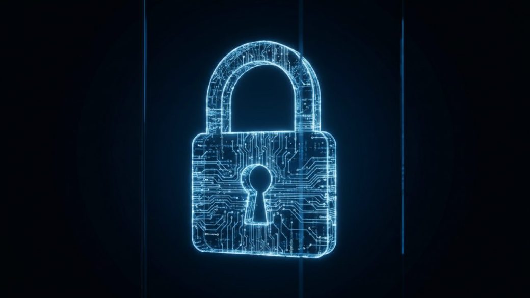 A single glowing digital padlock formed from lines of code, sealing shut against a dark background, dramatic blue rim lighting, high contrast, no text