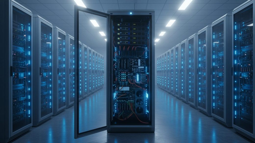 A vast humming AI data-centre server hall with glowing blue racks stretching into the distance under clean overhead light.