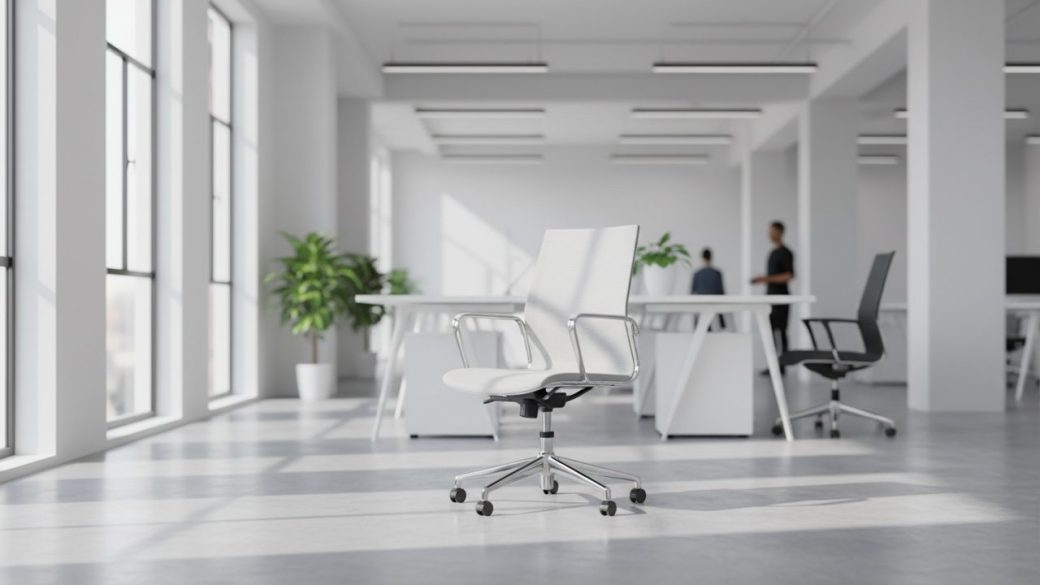 A single empty office chair under a dramatic spotlight in a dark vacated office, a faint glowing AI server rack behind it, clean uncluttered background, high-contrast cinematic composition, no text or watermark