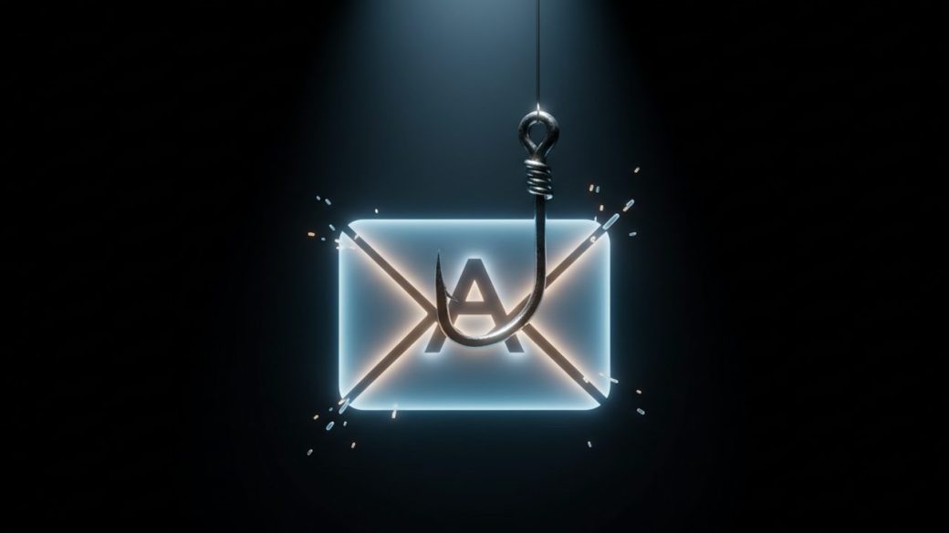 A single fishing hook piercing a glowing email envelope icon, dramatic spotlight, deep shadows, clean dark background, high contrast, no text
