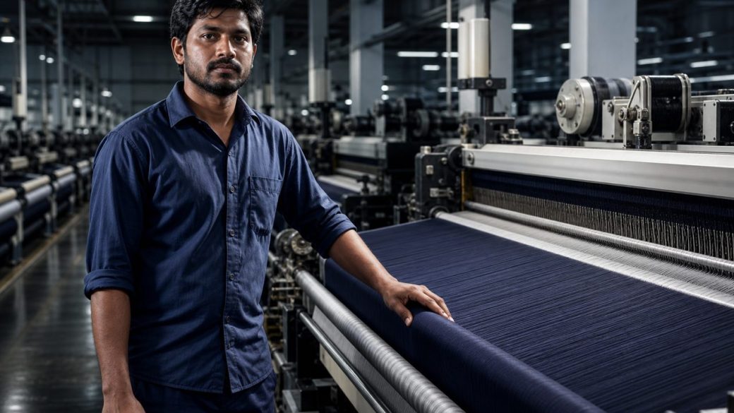 A wide modern textile factory floor with rows of weaving machines under clean industrial lighting, a single worker in focus, dark uncluttered background, high contrast, no text