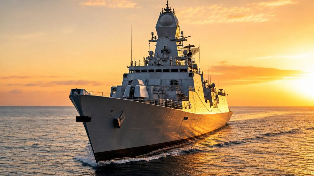 An Indian Navy warship sailing on calm Indian Ocean waters at golden hour, single ship in sharp focus against an open horizon, dramatic lighting, high contrast, no text