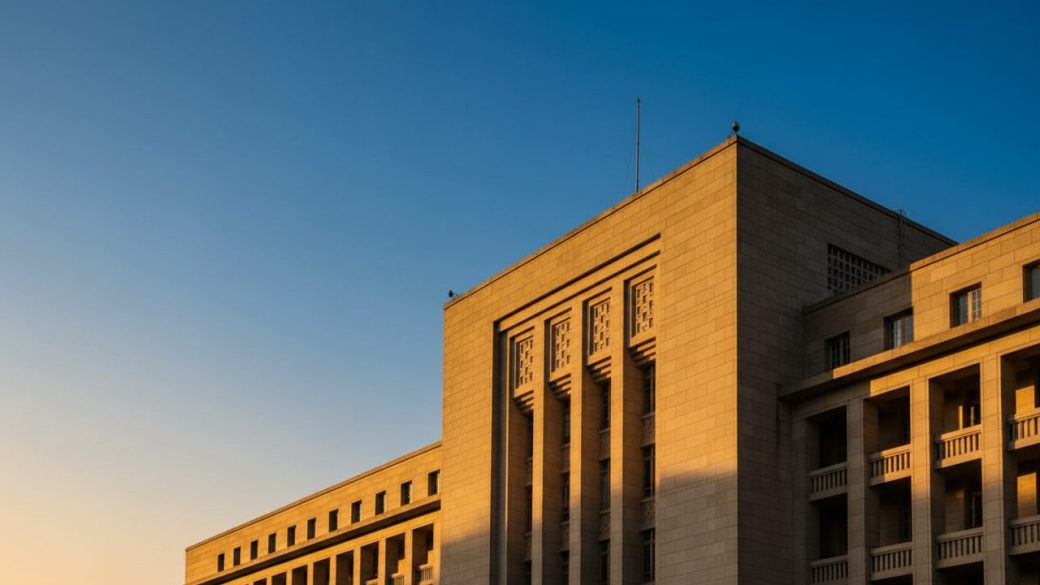 The Reserve Bank of India headquarters building facade in Mumbai, clean sky background, dramatic late-afternoon light, high contrast, sharp focus, photorealistic single-subject architectural shot